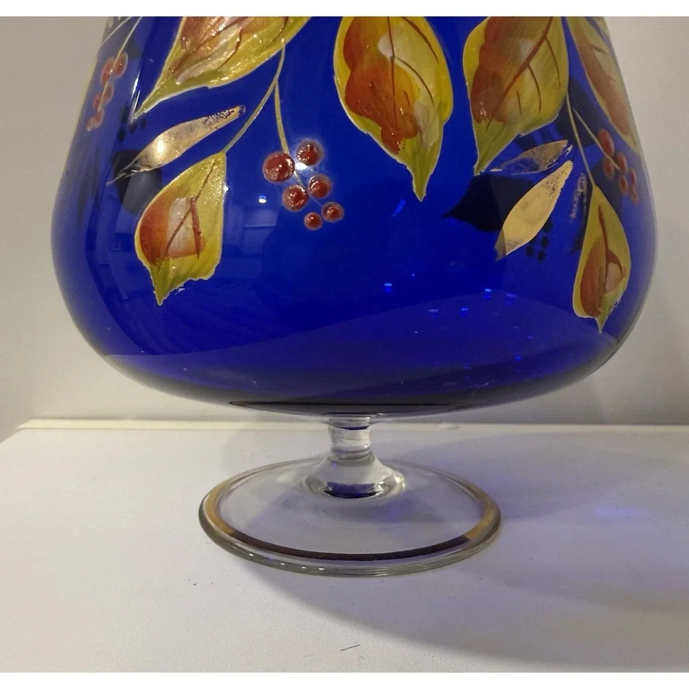 Bohemian Czech Cobalt Blue Cut To Clear Hand Painted Floral Dish Gold Trim